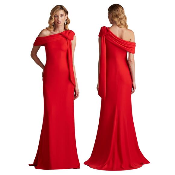 Tadashi Shoji Cassia Bow Gown Shoulder Crepe Party Formal Wedding Red Rose Sz 12 - Picture 1 of 10